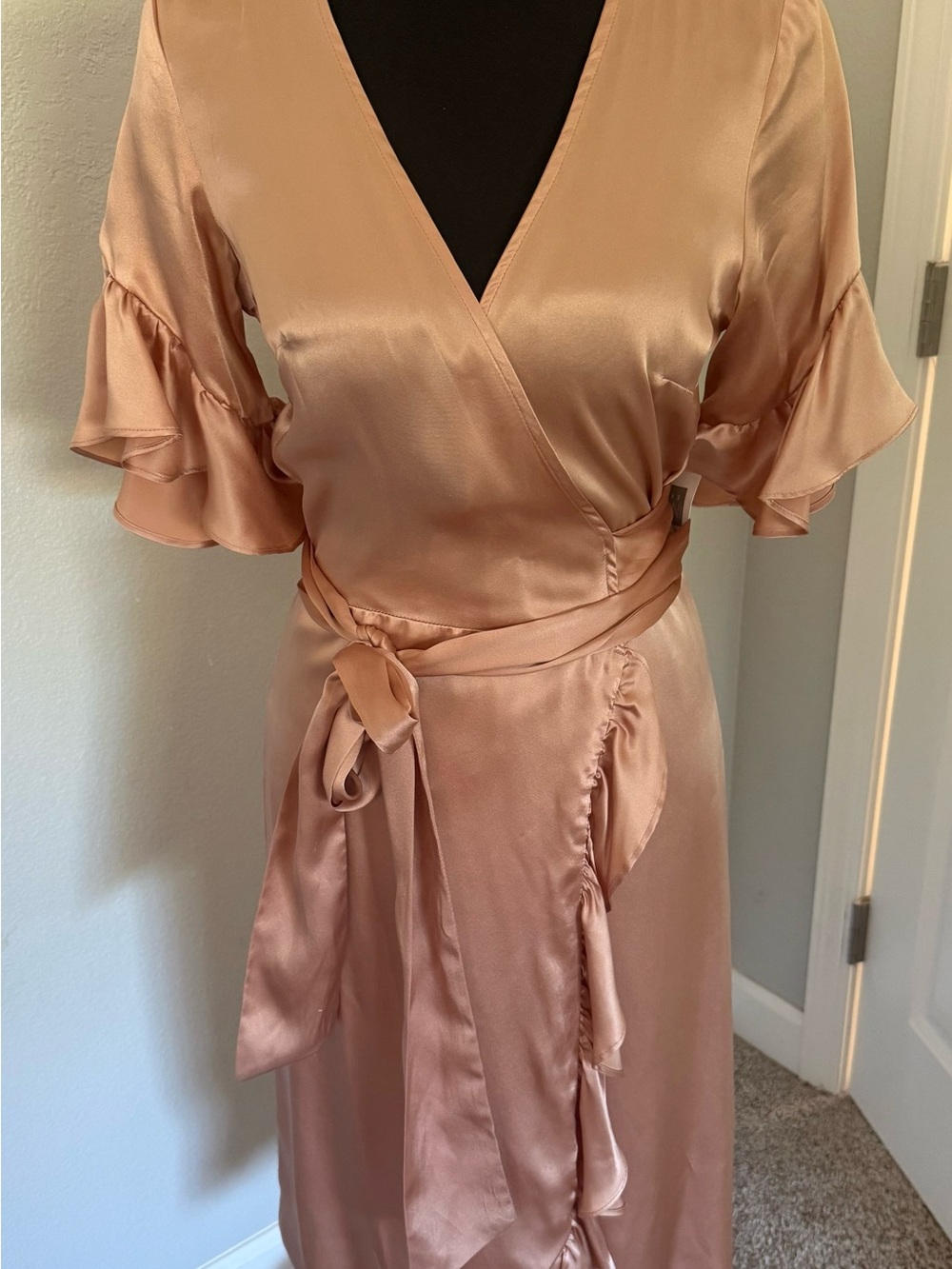 NEW with tags Nightcap Satin Wrap Midi Dress in Blush Pink